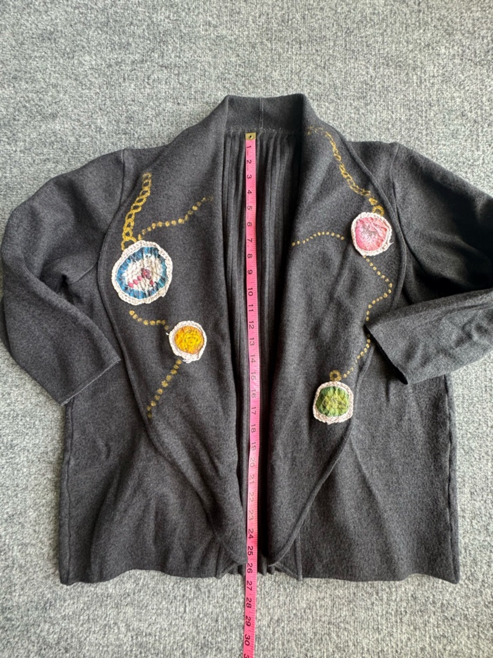 Open Front Cardigan Knit Charcoal Gray Applique Hand Painted Large 80s Vintage - Picture 8 of 10